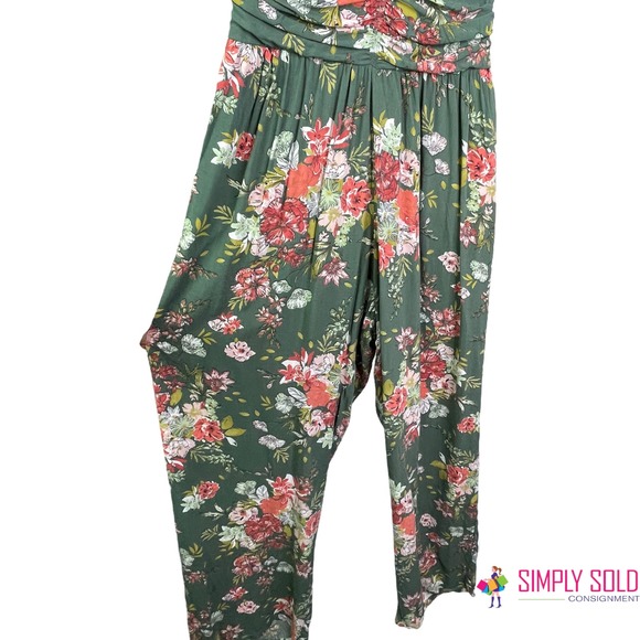 BOG Collective Women's Smocked Jumpsuit Green Floral Boho Wide Leg Cotton Size L - Picture 5 of 10